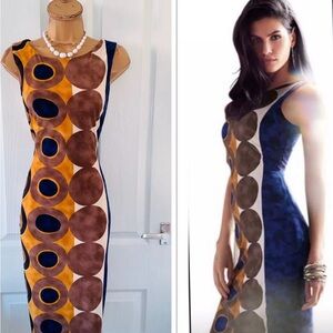 Joseph Ribkoff Blue and Brown Geometric Midi Dress